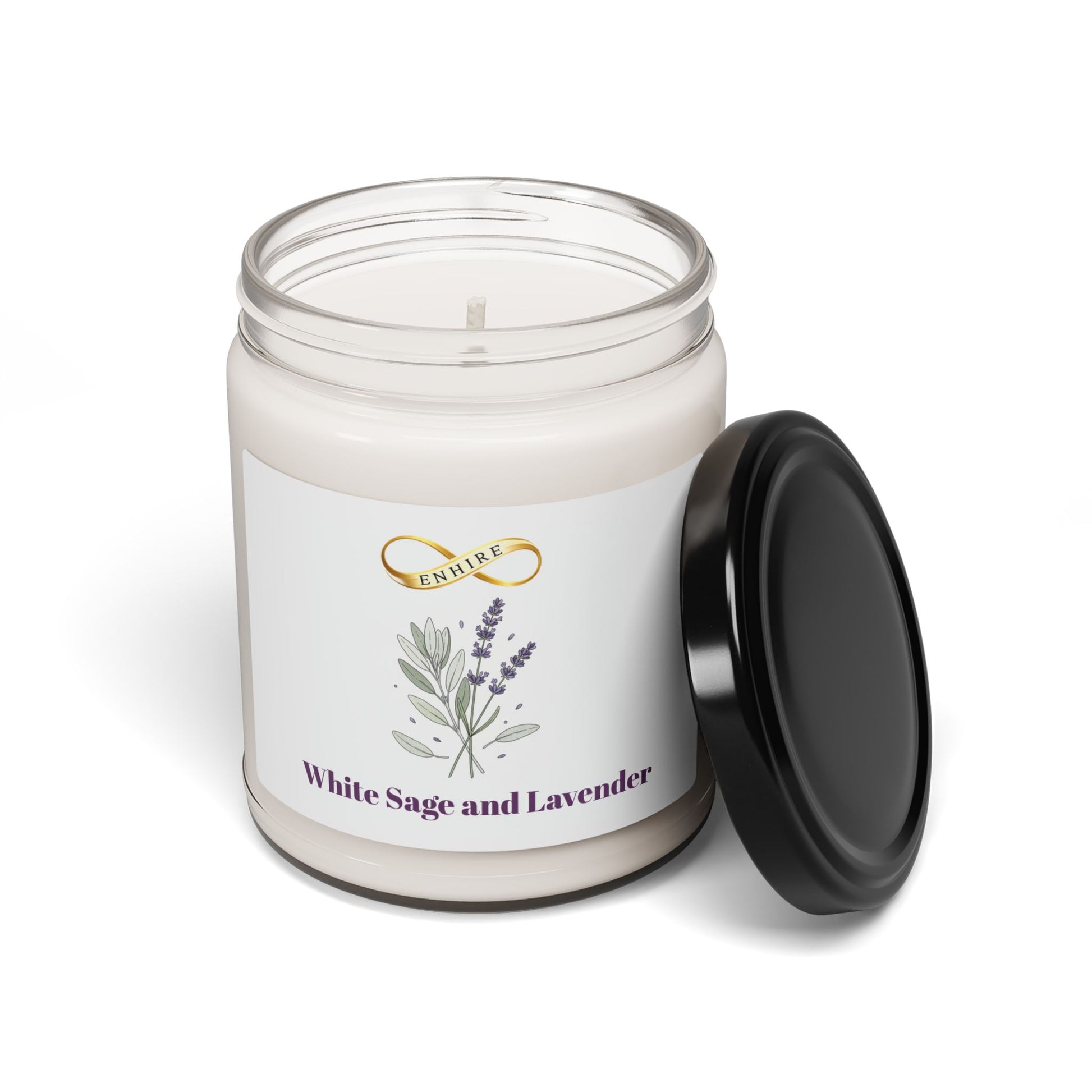White candle in a glass jar with a black lid on a white background