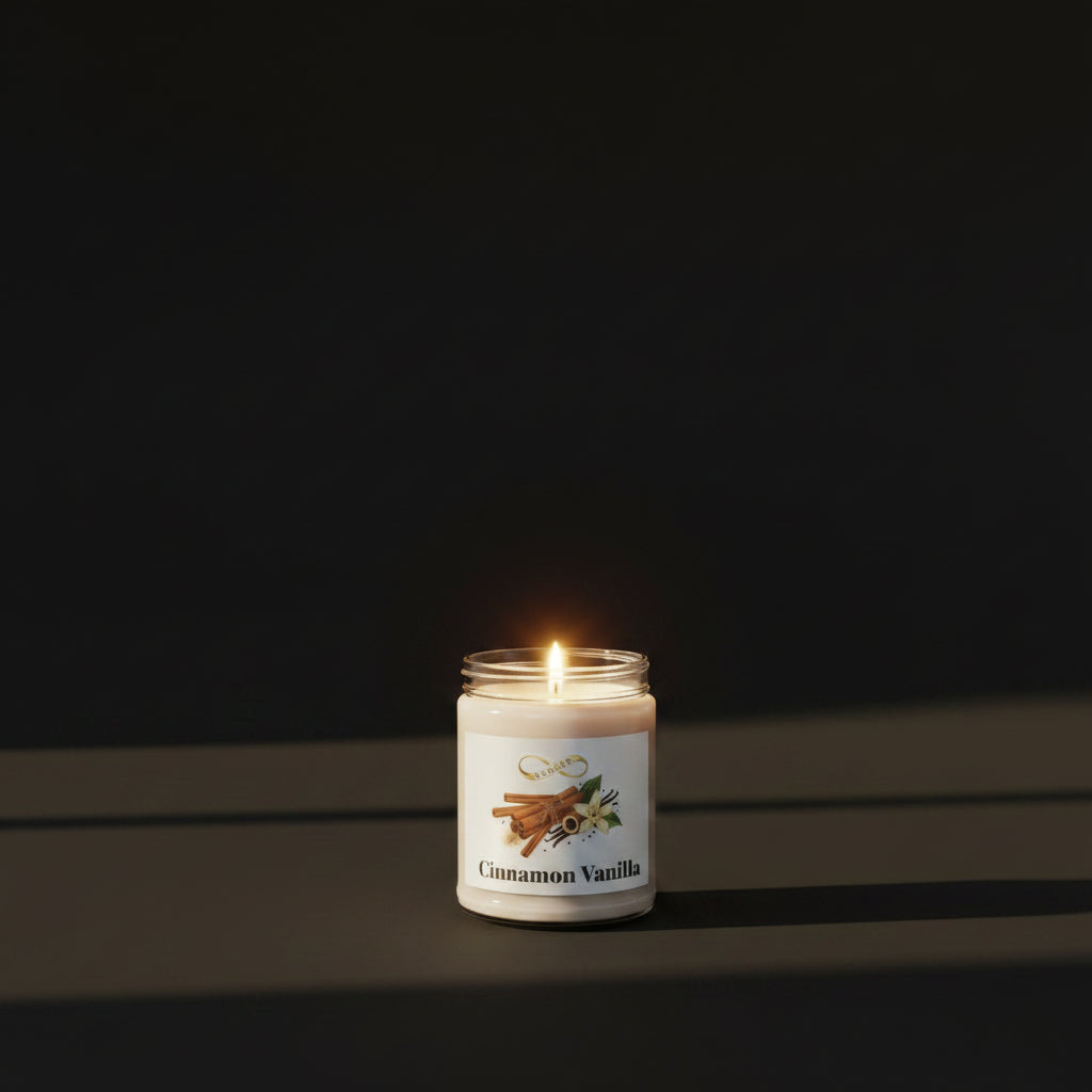 Cinnamon vanilla scented soy candle in glass jar with warm cozy aroma