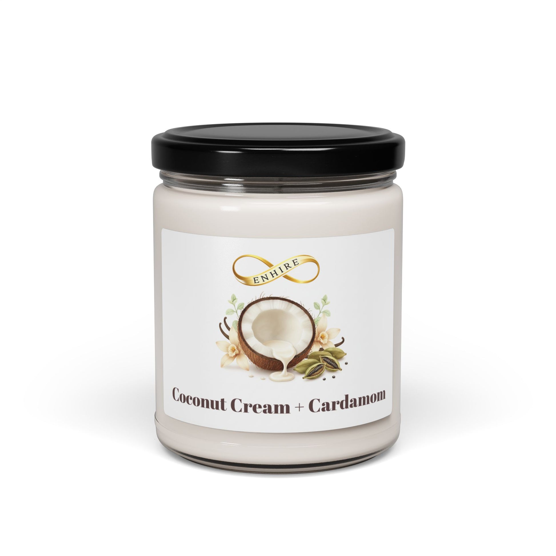 Jar of coconut cream and cardamom candle with a label on a white background