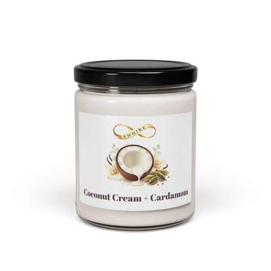 Jar of coconut cream and cardamom candle with a label on a white background