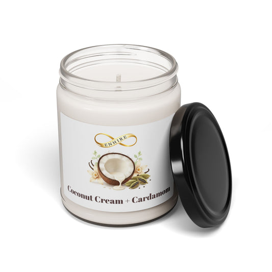 Candle jar with coconut cream and cardamom label on a white background