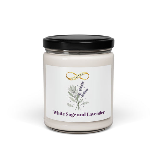 White sage and lavender scented soy candle in glass jar for relaxation and meditation